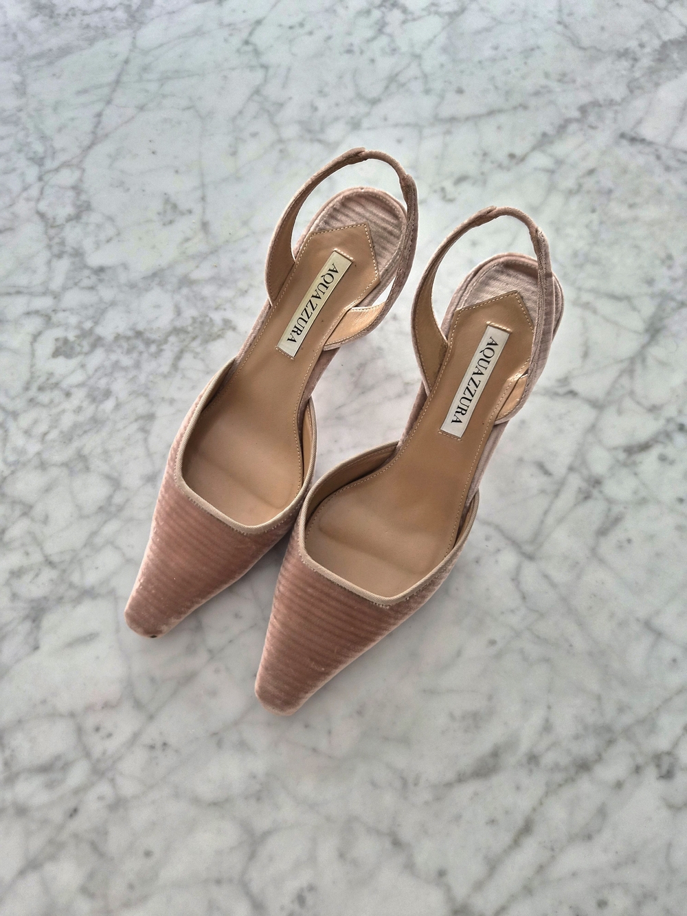 AQUAZZURA Dusty Pink Velvet Slingback Pumps